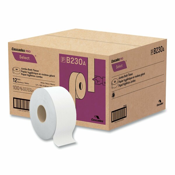 Cascades Pro Select Jumbo Bath Tissue, Septic Safe, 2-Ply, White, 3.3 in. x 750 ft, 12PK B230